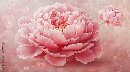 Pink peony adorned with charming hearts set against a soft pink backdrop 