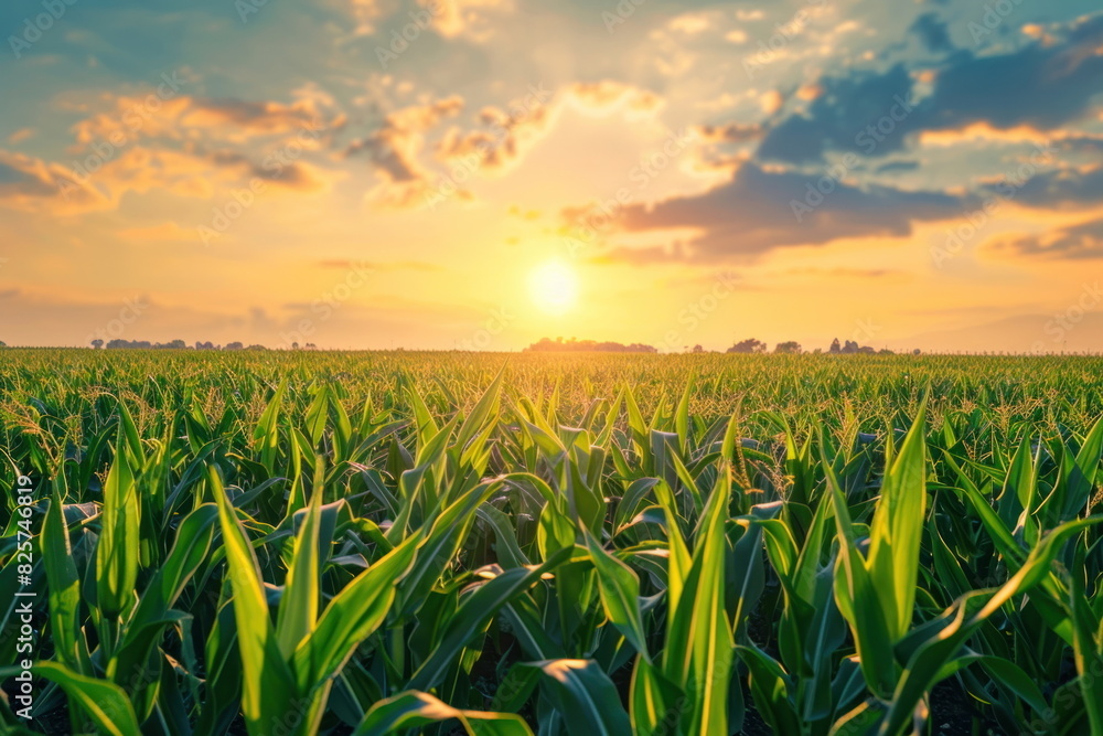 top view of corn field with sunset background, landscape, natural farm top view of corn field with sunset background, landscape, natural farm