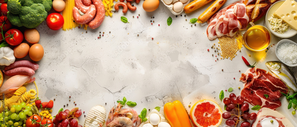 A variety of meats, cheeses, vegetables, and condiments laid out on a white background. Generate AI