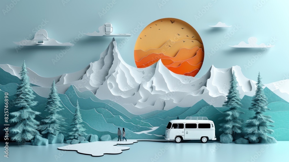 Naklejka premium Paper cut scene of a couple exploring a national park with coffee mugs and a camper van