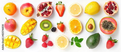 An array of colorful fresh fruits arranged neatly on a white background. Generate AI