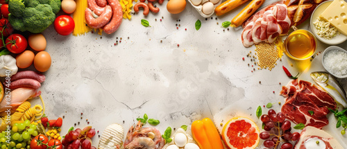 A variety of meats, cheeses, vegetables, and condiments laid out on a white background. Generate AI