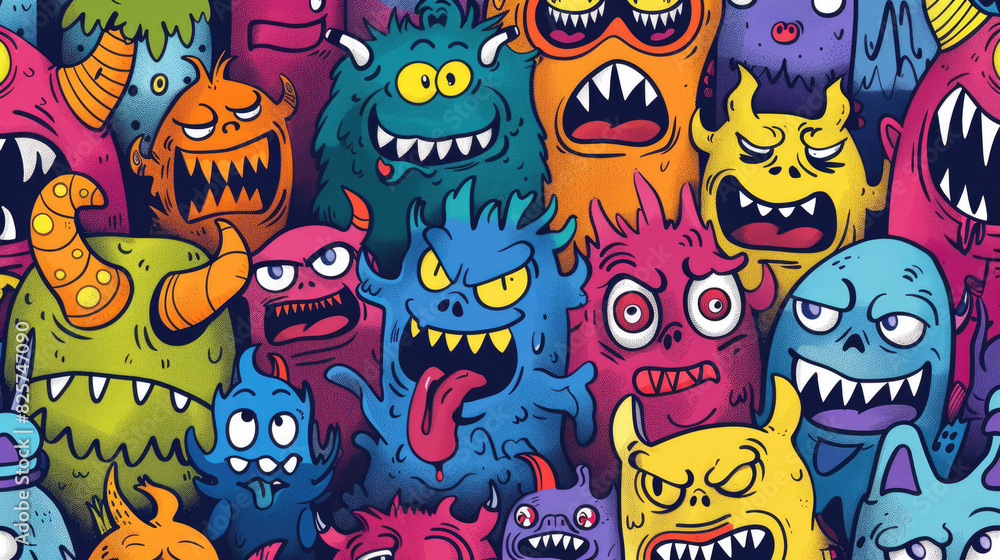 Fototapeta premium Angry Cute Monster Doodles in Bright Colors