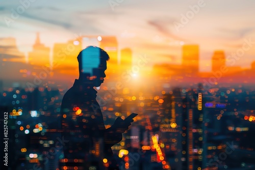 Portrait of a businessman holding a smartphone with a cityscape in the background close up