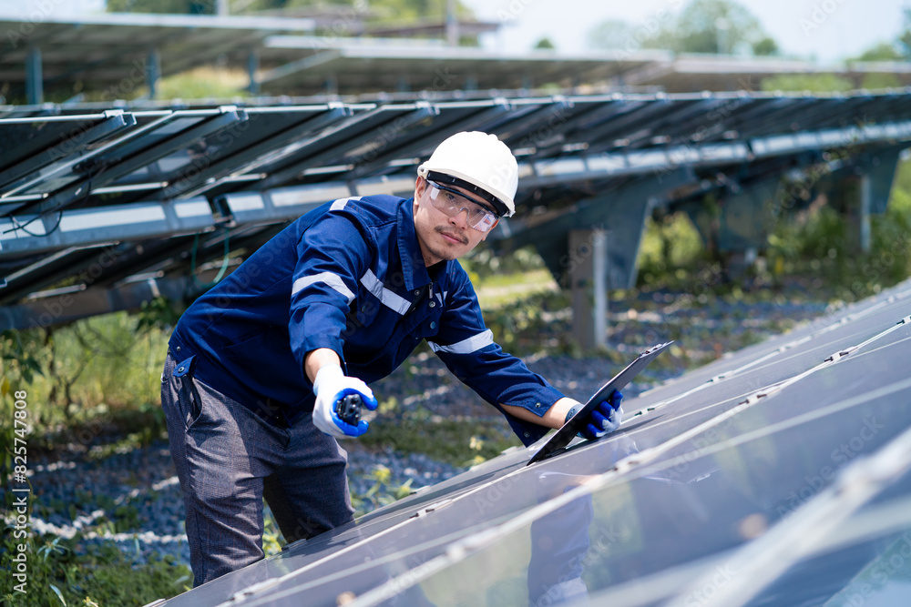 A man in a blue shirt and white hat is working on a solar panel. He is wearing gloves and a hard hat A man in a blue shirt and white hat is working on a solar panel. He is wearing gloves and a hard hat
