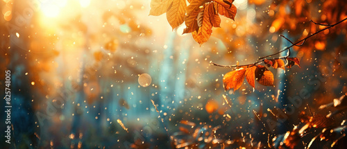 Golden autumn leaves hanging from a branch with a soft bokeh background. Generate AI
