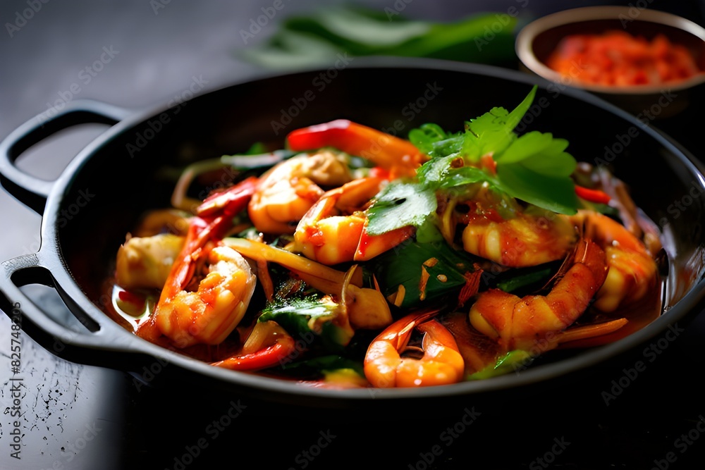 Spicy seafood stir fried, Thai spicy herb food Spicy seafood stir fried, Thai spicy herb food