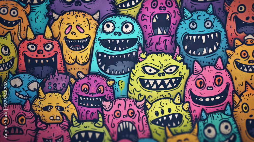 Obraz premium Angry Cute Monster Doodles in Bright Colors