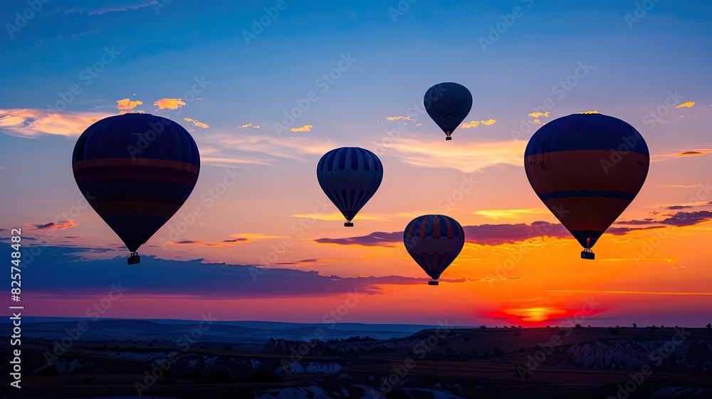Naklejka premium sky at sunset with hot air balloons. Travel on vacation