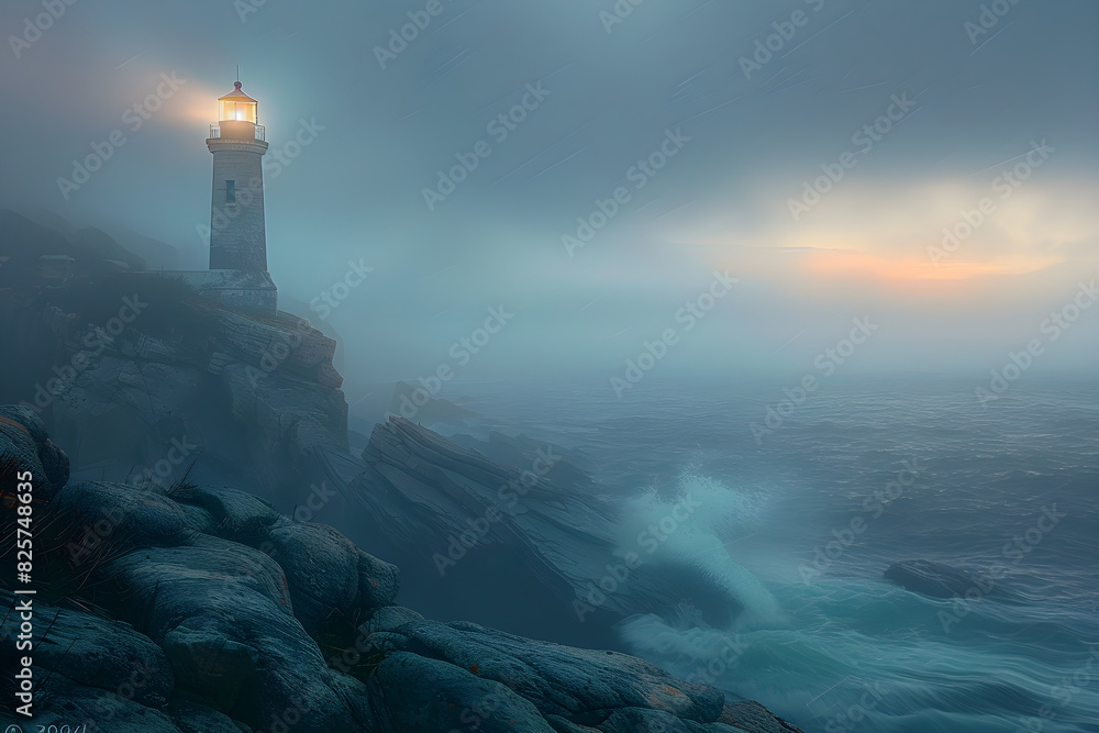 Solitary Lighthouse Beacon Illuminating the Misty Evening Sky with Waves Crashing Against Rock Cliffside