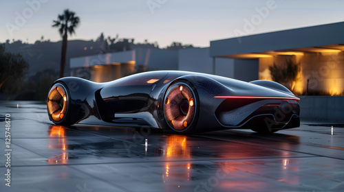 Futuristic vehicle parked in front of a house, showcasing automotive design