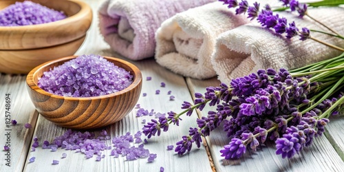 Relaxing spa setup with lavender flowers and bath salts.