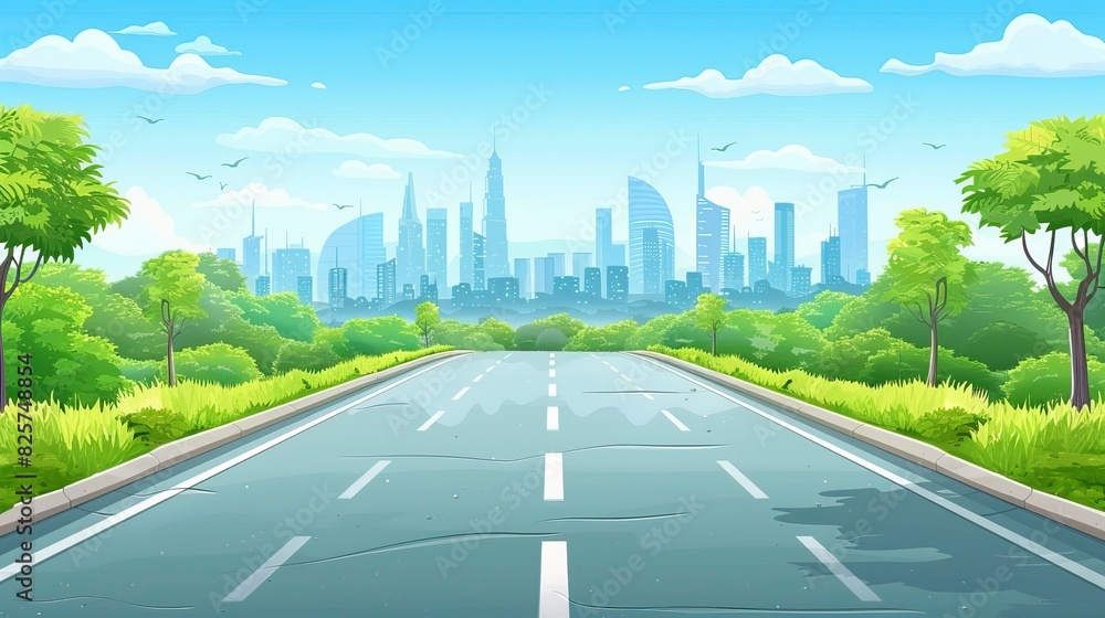 Fototapeta premium Cartoon highway. Empty road with city skyline on horizon and nature landscape, highway view