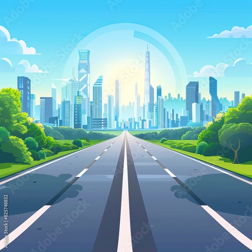 Cartoon highway. Empty road with city skyline on horizon and nature landscape  highway view