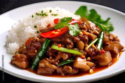 Stir-fried minced pork with onion, pepper and steamed rice (Thai food)