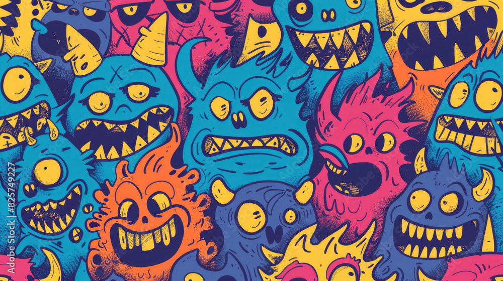Naklejka premium Angry Cute Monster Doodles in Bright Colors