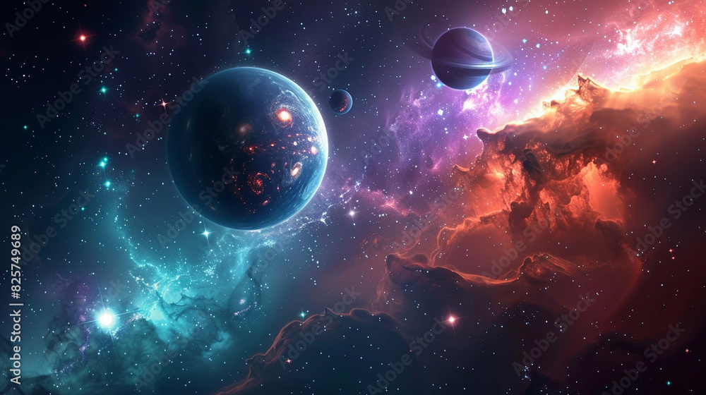 A vibrant cosmic scene featuring distant planets, colorful nebulae, and countless stars, illustrating the beauty of the universe. A vibrant cosmic scene featuring distant planets, colorful nebulae, and countless stars, illustrating the beauty of the universe.