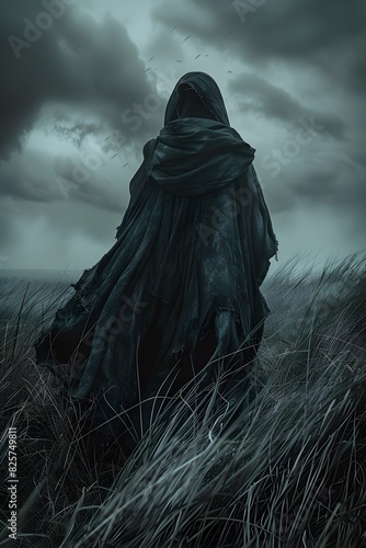 A Solitary Shrouded Figure Amid the Storm-Swept Cinematic Landscape