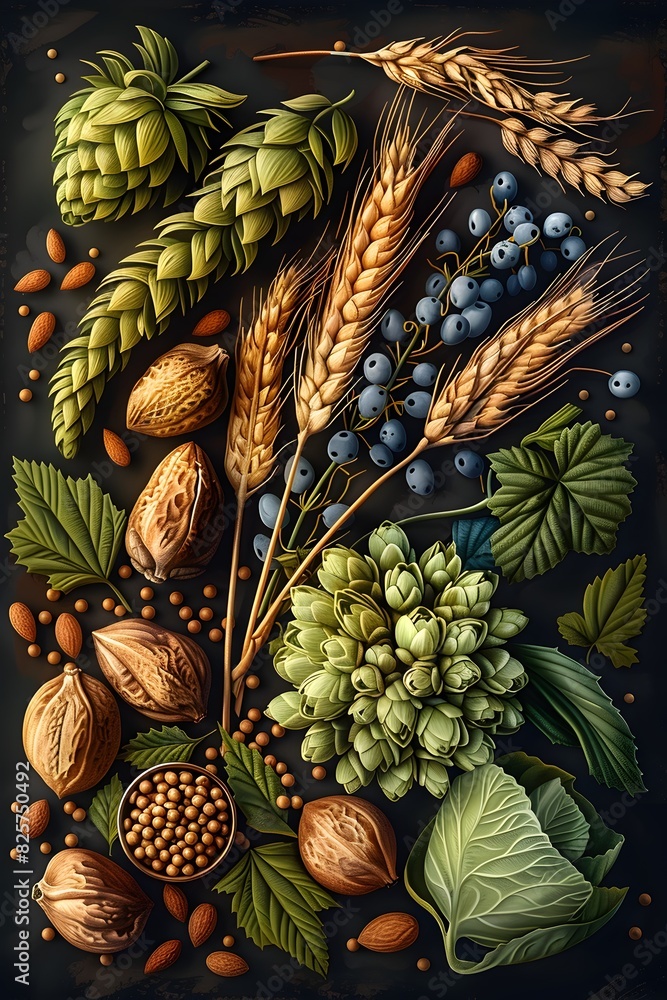 Obraz premium Comprehensive of Essential Beer Brewing Ingredients in Muted Tones