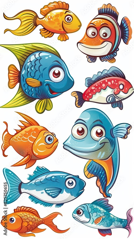 Fototapeta premium Cartoon fishes set, isolated design elements 