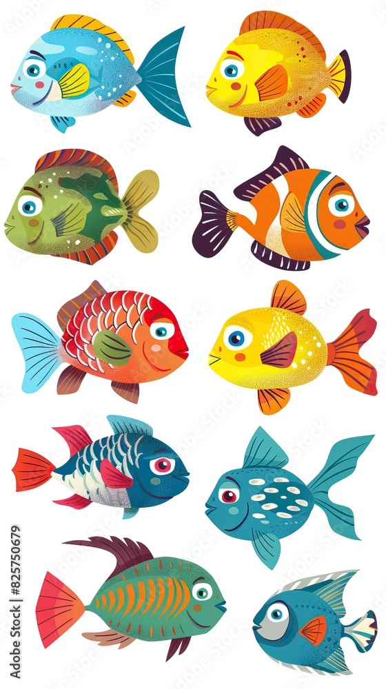 Cartoon fishes set, isolated design elements 