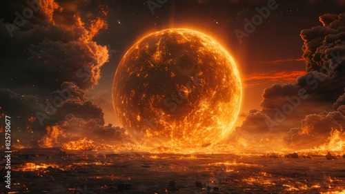 Fiery Earth,A Post-Apocalyptic Vision of a Burning Planet Amidst Dark Clouds and Glowing Embers © JewJew