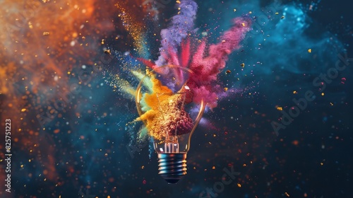 Creative concept light bulb broken explodes with colorful powder colors on a light dark background, AI Generative