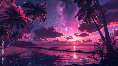 A beautiful beach scene with palm trees, a starry night sky, and a pink sunset. The water is calm and there is a light breeze blowing. The scene is peaceful and relaxing. photo