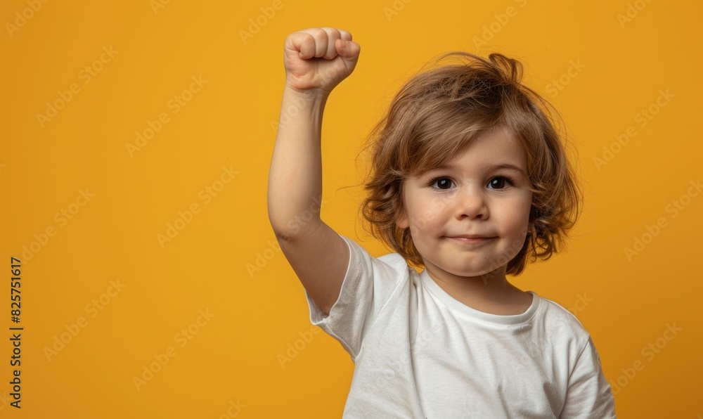 Kid fist upward on yellow background. american child raise hand. Kid fist upward on yellow background. american child raise hand.