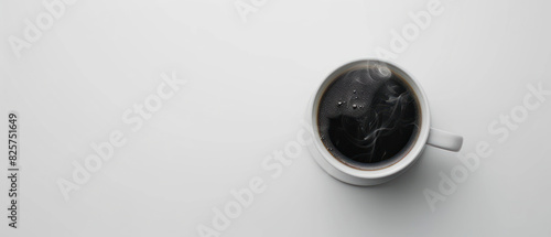 Top view of a steaming coffee cup on a misty background. Generate AI