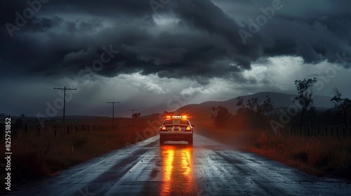 Police car with flashing lights on a deserted country road, heavy clouds looming overhead, creating a dramatic atmosphere
