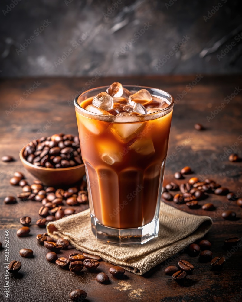 Iced Coffee with Coffee Beans on a Wooden Surface Iced Coffee with Coffee Beans on a Wooden Surface