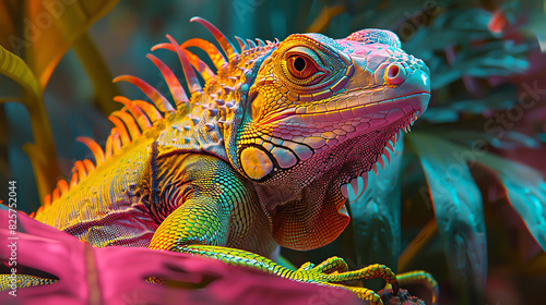 A close up of an iguana with vibrant colors. The scales shimmer in the light  creating a beautiful and eye-catching image.