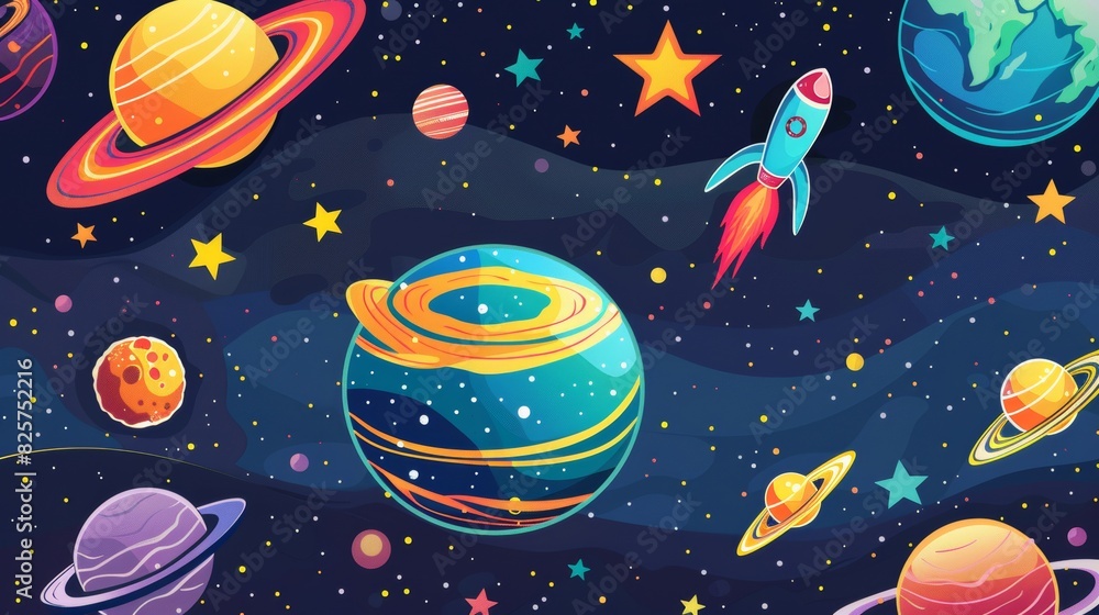 Planet with dazzling rings, happy planets and stars, colorful rockets, imaginative and playful space design Planet with dazzling rings, happy planets and stars, colorful rockets, imaginative and playful space design