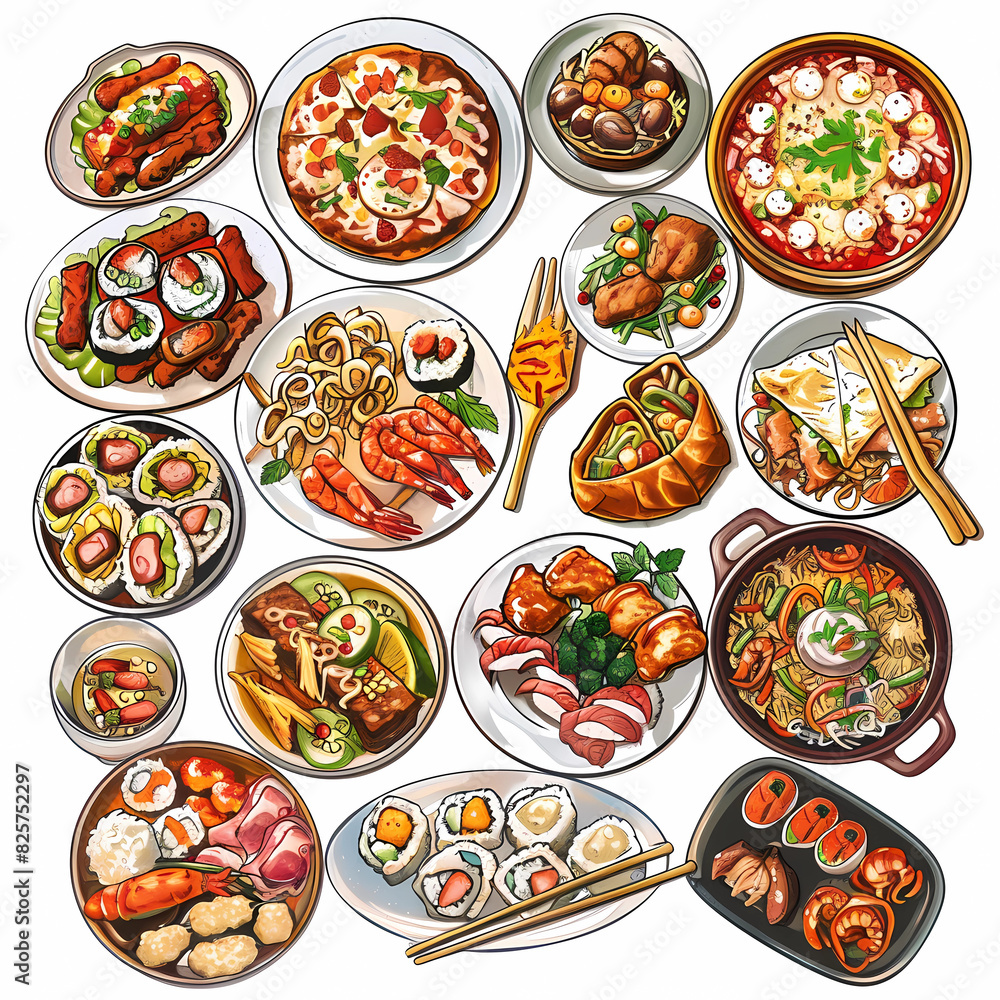 A Feast of Flavors with Variety of Global Cuisines : Graphic background for decorating works, mobile screens, or as a background image. A Feast of Flavors with Variety of Global Cuisines : Graphic background for decorating works, mobile screens, or as a background image.