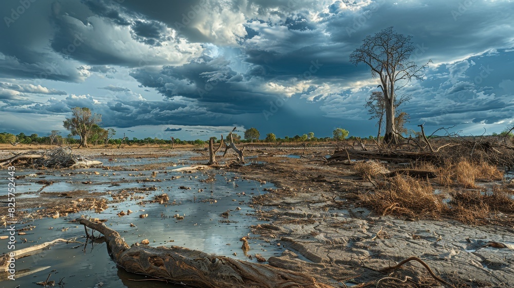 Obraz premium Parched riverbed, scattered debris, twisted trees, threatening storm clouds, dramatic and eerie setting