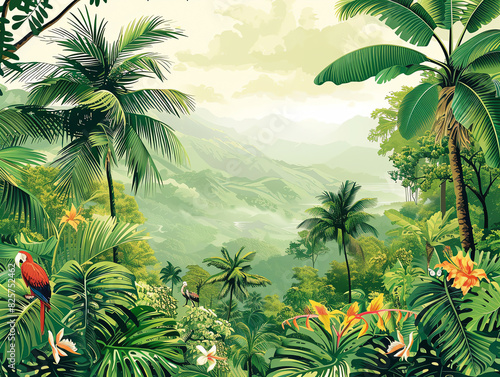 A lush tropical rainforest with green palm trees  exotic flowers  and colorful birds