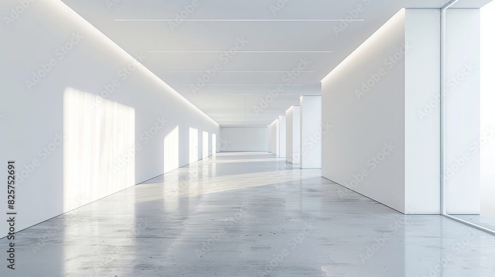 Modern empty gallery with white walls, sleek design, isolated background, optimal studio lighting, perfect for product showcases