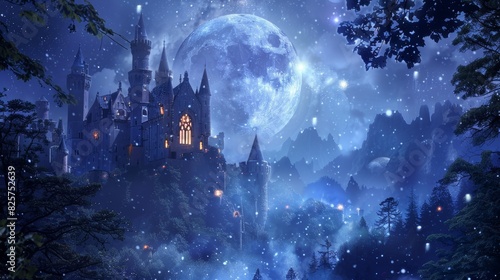 Moonlit fairytale castle with glowing towers, enchanted night sky full of stars, mystical creatures peeking through the trees, serene and magical