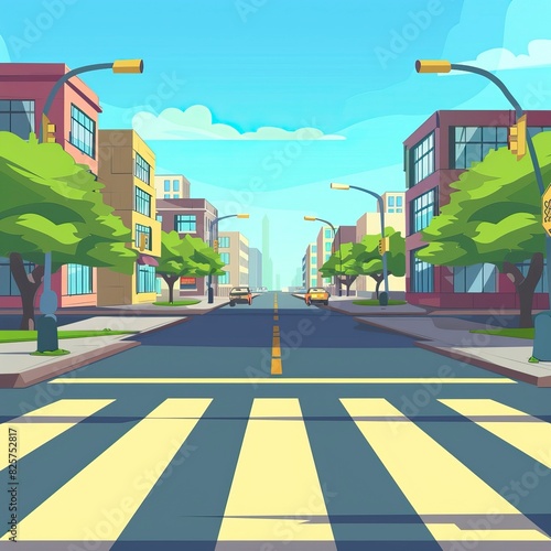 Cartoon crosswalk. City streets intersections with no automobile traffic and pedestrians, urban landscape with crosswalk. Vector illustration