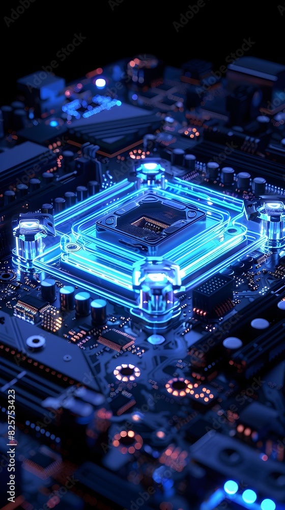Fototapeta premium Luminous Blue Motherboard with Illuminated Central Integrated Circuit Component - Cutting-Edge Computer Hardware