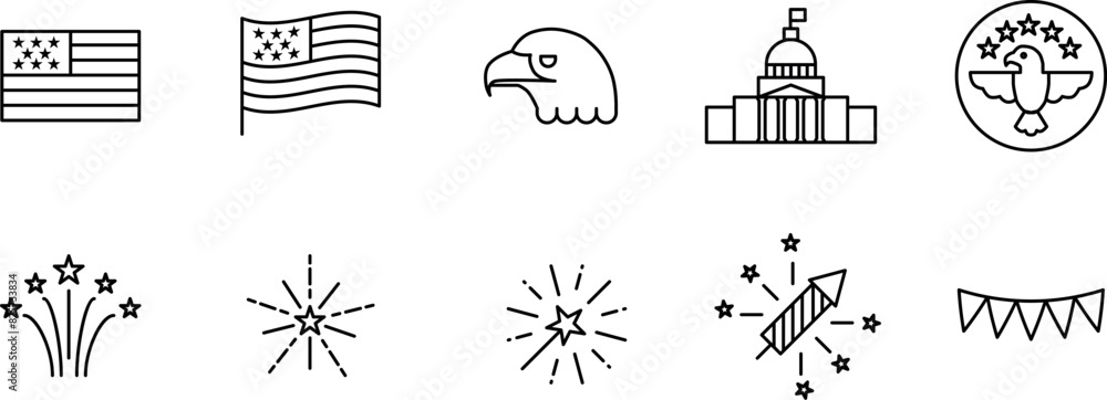 Fototapeta premium 4th of July USA Independence Day Line Icons