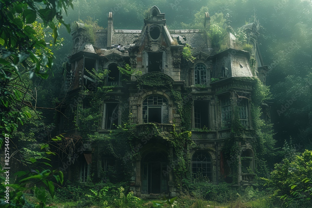 Abandoned house surrounded by nature, creating a picturesque and serene scene Abandoned house surrounded by nature, creating a picturesque and serene scene