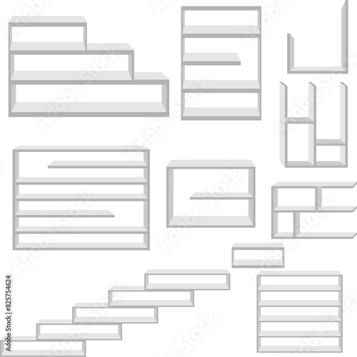 3d White Floating shelves on a white wall background