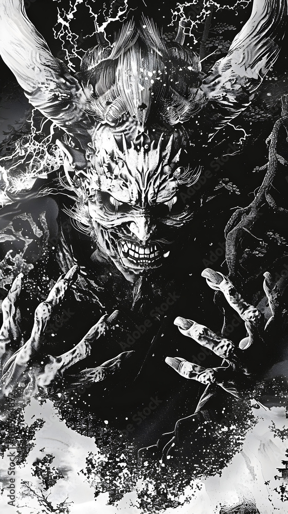 Fototapeta premium Sinister Japanese Yokai Spirit Adorned with Menacing Horns and Skeletal Hands Crackling with Electric Energy in a Kamakura-Inspired Printmaking Style