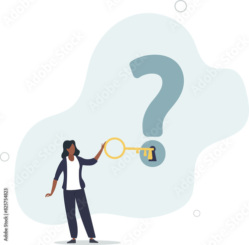 smart businesswoman holding golden key to unlock keyhole on question mark sign.flat vector illustration.