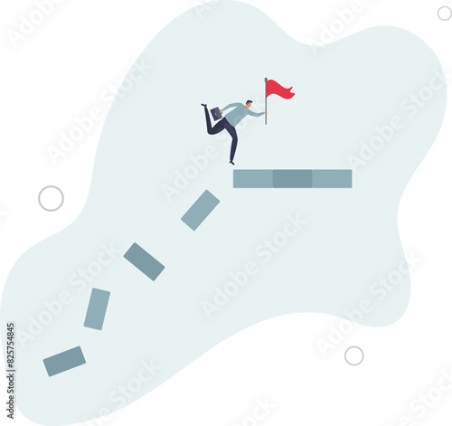 businessman jumping on collapse bridge to reach target.flat vector illustration.