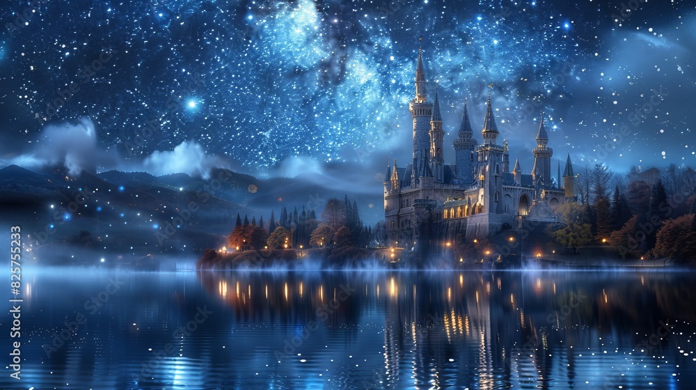 Majestic fairytale castle illuminated by moonlight, enchanted night sky filled with constellations, shimmering lake reflecting the scene, ethereal atmosphere