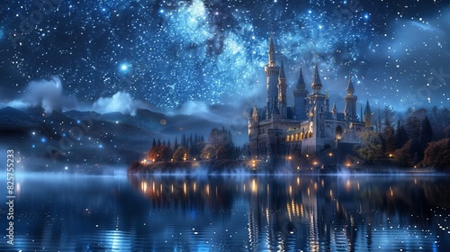 Majestic fairytale castle illuminated by moonlight  enchanted night sky filled with constellations  shimmering lake reflecting the scene  ethereal atmosphere