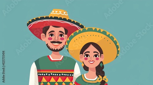 Cartoon Couple in Traditional Mexican Costume Vector Illustration 